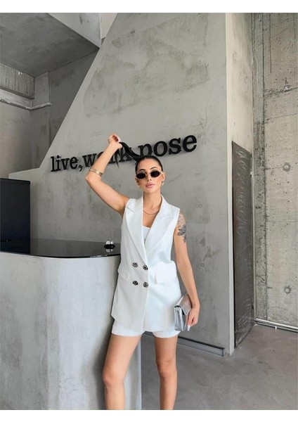 Keten Yelek - Şort Takım - Beyaz indirimleri