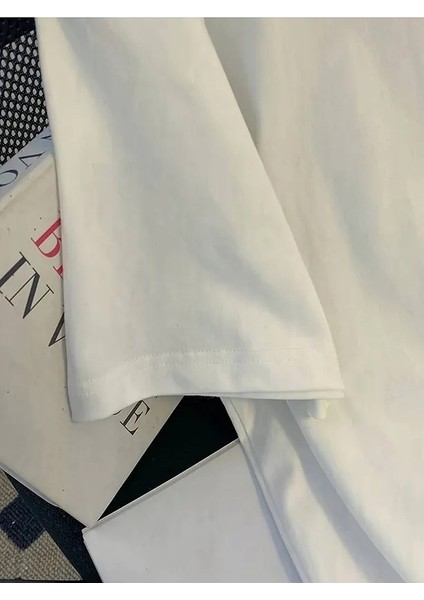 Yaza Özel Mevsimlik Baskılı Bisiklet Yaka Pamuklu Beyaz Kadın/erkek Unisex Oversize Tshirt fırsatları