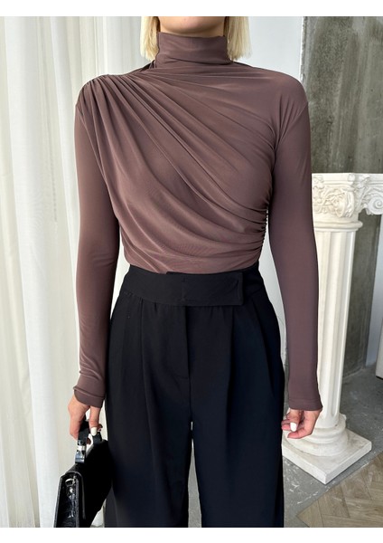 Kadın Bluz Uzun Kollu Dik Yaka Büzgü Detaylı Likralı Sandy