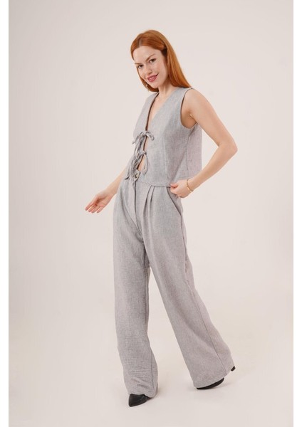 Ön Bağlama Detaylı Yelek ve Pantolon Gri Ikili Takım