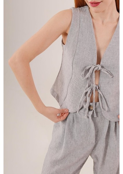Ön Bağlama Detaylı Yelek ve Pantolon Gri Ikili Takım fiyatları