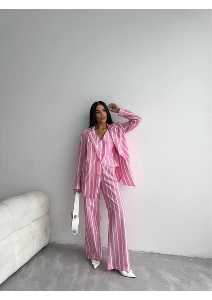 Çizgili Keten Yelek-Pantolon Takım - Pembe fırsatları