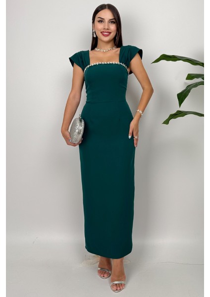 Valentia Madonna Yaka Taş Işlemeli Kalem Zümrüt Yeşili Abiye Elbise, Zarif Davet Elbisesi