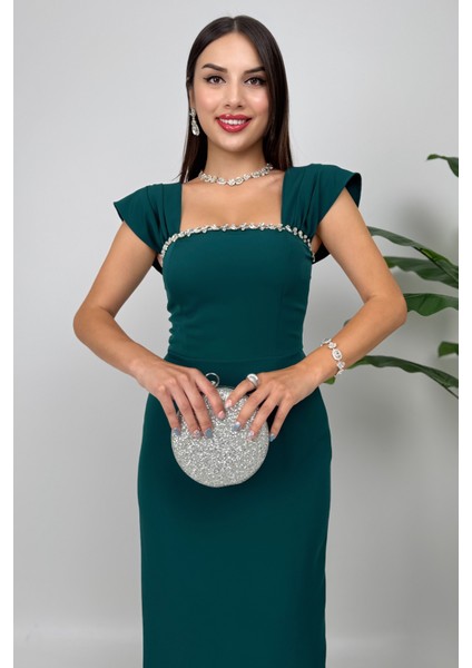 Valentia Madonna Yaka Taş Işlemeli Kalem Zümrüt Yeşili Abiye Elbise, Zarif Davet Elbisesi fiyatları