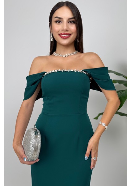 Valentia Madonna Yaka Taş Işlemeli Kalem Zümrüt Yeşili Abiye Elbise, Zarif Davet Elbisesi modelleri