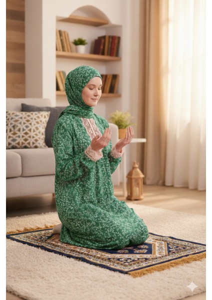 Tek Parça Başörtülü Dantelli Kadın Namaz Elbisesi