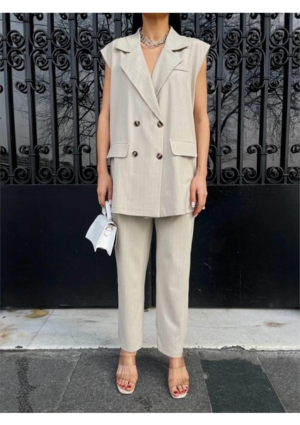 Çizgili Uzun Yelek - Pantolon Takım Polviscon - Bej fiyatları