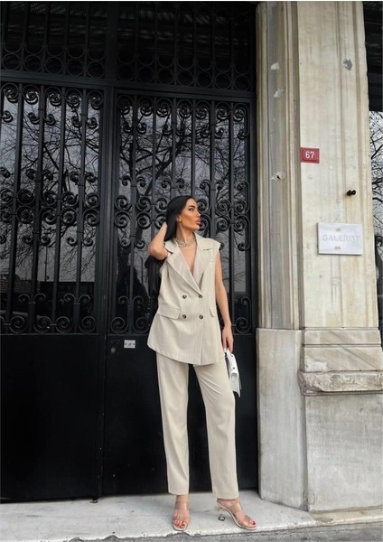 Çizgili Uzun Yelek - Pantolon Takım Polviscon - Bej modelleri