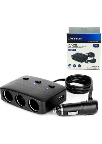 Olesson 1636 12-24V 3lü Çift Usbli 100W 70 cm Kablolu Araç Oto Tır Çakmak Çoklayıcı Çakmaklık Çoğaltıcı