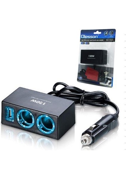Olesson 1522 12-24V Çiftli Çift Usbli 120W 80 cm Kablolu Araç Oto Tır Çakmak Çoklayıcı Çakmaklık Çoğaltıcı