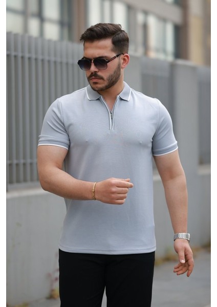 Erkek Fermuar Yakalı Çizgi Detaylı Kısa Kollu Tişört fırsatları