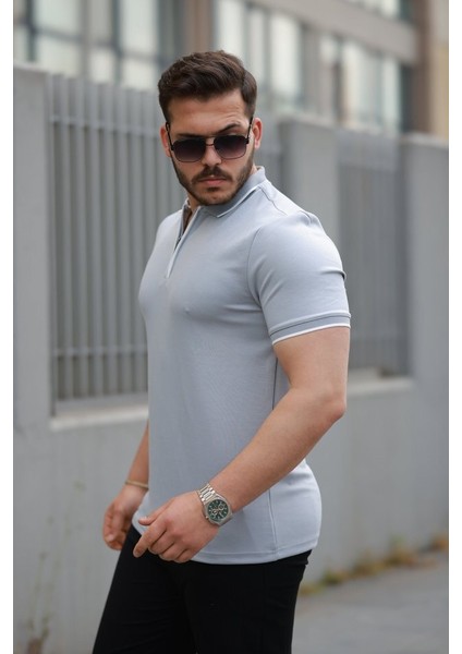 Erkek Fermuar Yakalı Çizgi Detaylı Kısa Kollu Tişört indirimleri