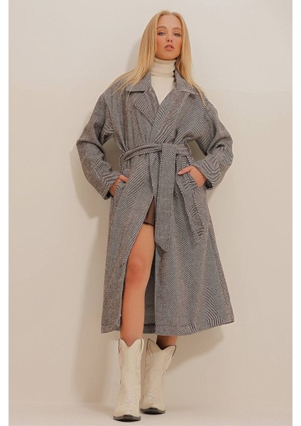 Balık Sırtı Desen Kaşe Kaban