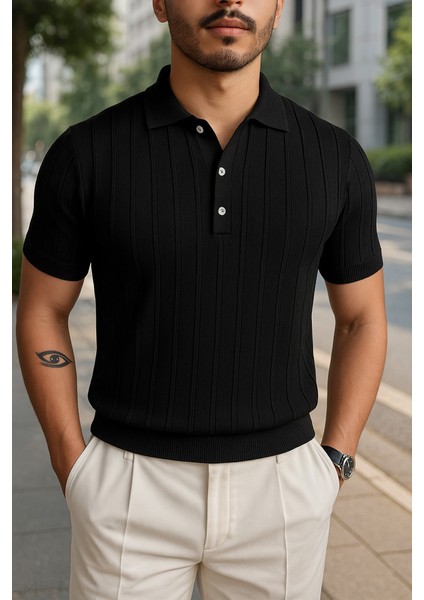 Erkek Kısa Kollu Yakalı Önden Düğmeli Triko Bluz