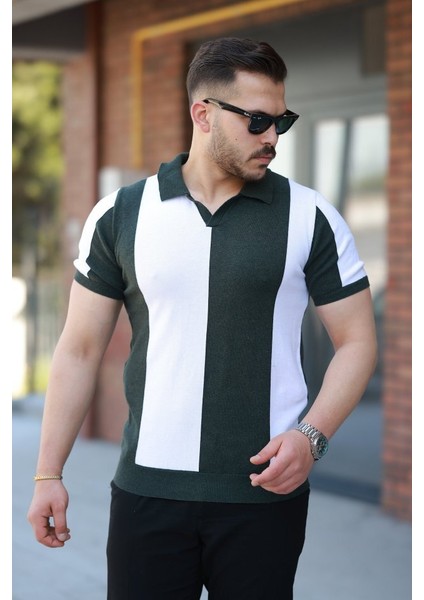 Erkek Kısa Kollu Polo Yakalı Blok Desenli Triko Bluz