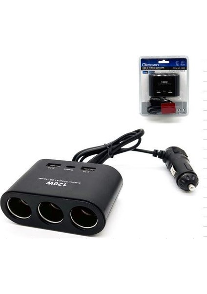 Olesson 1653 12-24V 3lü Çift USB Type-C 100W 70 cm Kablolu Araç Oto Tır Çakmak Çoklayıcı Çakmaklık Çoğaltıcı