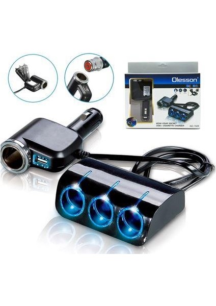 Olesson 1528 12-24V 3lü Usbli 120W 80 cm Kablolu Araç Oto Tır Çakmak Çoklayıcı Çakmaklık Çoğaltıcı