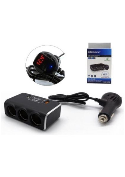 Olesson 1639 12-24V 3lü Çift Usbli 120W 80CM Kablolu Dijital Ekranlı Araç Oto Tır Çakmak Çoklayıcı Çakmaklık Çoğaltıcı