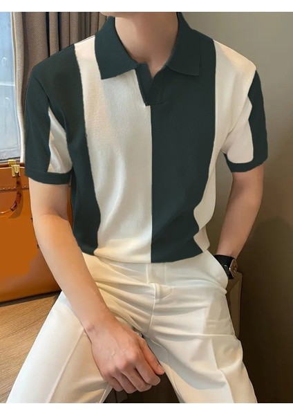 Erkek Kısa Kollu Polo Yakalı Blok Desenli Triko Bluz