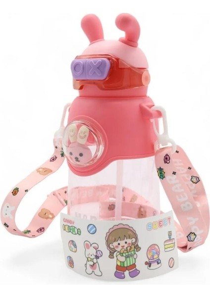 Kaliteli Astronot Tavşan Figürlü Matara Etiket Hediyeli Okul Çocuk Suluğu Pipetli 750ML Pembe Renk