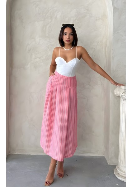 Kadın Pileli ve Çift Cep Detaylı Çizgili Midi Boy Keten Etek