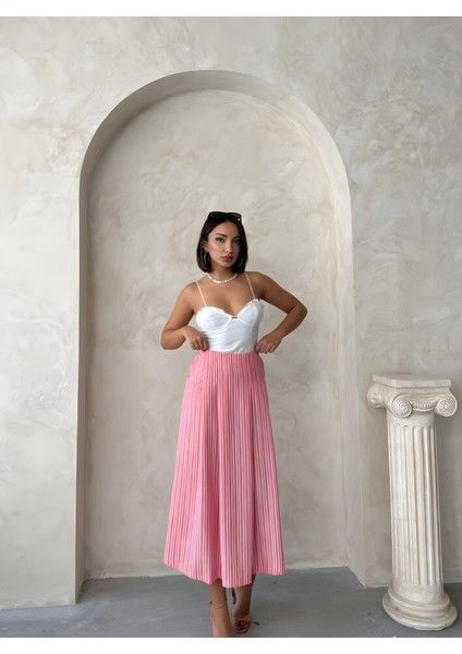 Kadın Pileli ve Çift Cep Detaylı Çizgili Midi Boy Keten Etek fiyatları