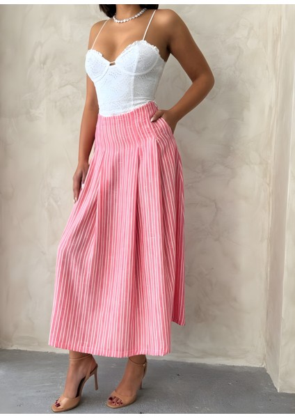 Kadın Pileli ve Çift Cep Detaylı Çizgili Midi Boy Keten Etek modelleri