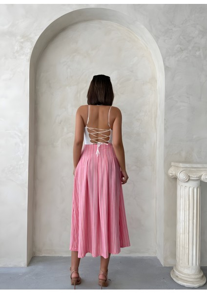 Kadın Pileli ve Çift Cep Detaylı Çizgili Midi Boy Keten Etek fırsatları