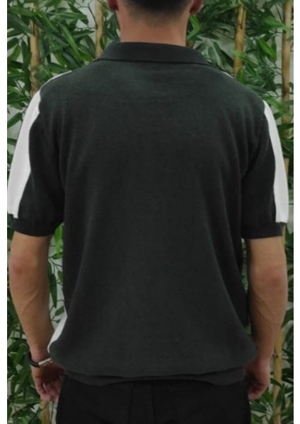 Erkek Kısa Kollu Polo Yakalı Blok Desenli Triko Bluz