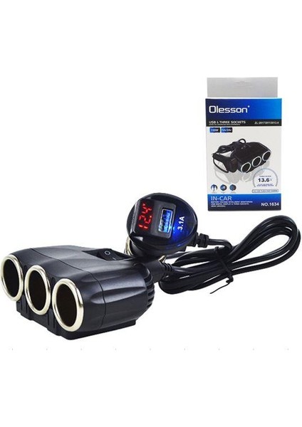Olesson 1634 12-24V 3lü Usbli 120W 80CM Kablolu Dijital Ekranlı Araç Oto Tır Çakmak Çoklayıcı Çakmaklık Çoğaltıcı