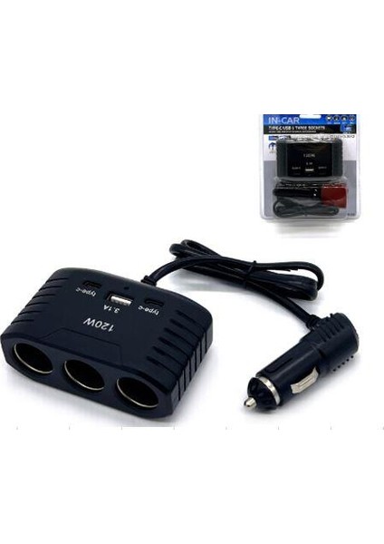 Olesson 2012 12-24V 3lü 2 Type-C + Usbli 120W 80 cm Kablolu Araç Oto Tır Çakmak Çoklayıcı Çakmaklık Çoğaltıcı