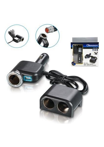 Olesson 1526 12-24V Çiftli Usbli 120W 80 cm Kablolu Araç Oto Tır Çakmak Çoklayıcı Çakmaklık Çoğaltıcı