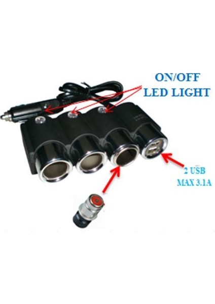 Olesson 1508 12-24V 3lü Çift Usbli 120W 80 cm Kablolu Araç Oto Tır Çakmak Çoklayıcı Çakmaklık Çoğaltıcı