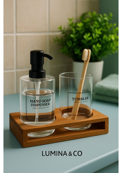 Borosilikat Cam 3’lü Set – Sabunluk, Diş Fırçalık ve Ahşap Stand