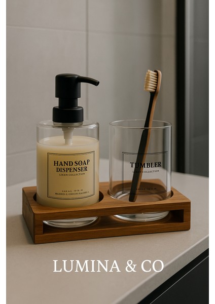 Borosilikat Cam 3’lü Set – Sabunluk, Diş Fırçalık ve Ahşap Stand modelleri