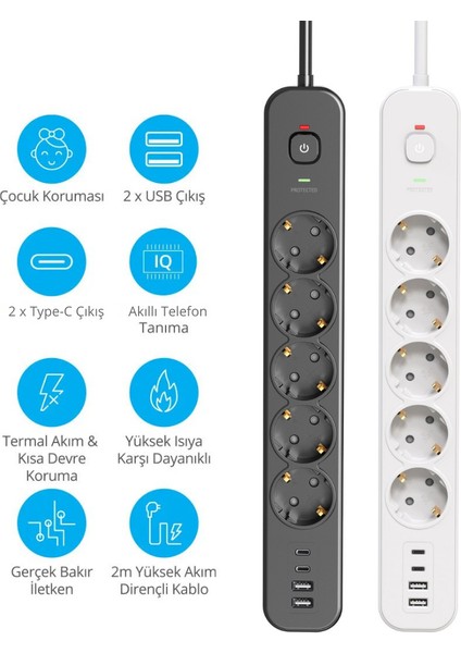 Akım Korumalı Priz, 5'li Priz Soketi, 5x Fiş Soketi, 2x USB Girişi, 2x Type-C Girişi, Isıya Dayanıklı Yapı, 2 Metre Kablo Uzunluğu, Aşırı Gerilim Koruyucu Çoğaltıcı (16A/3680W) indirimleri