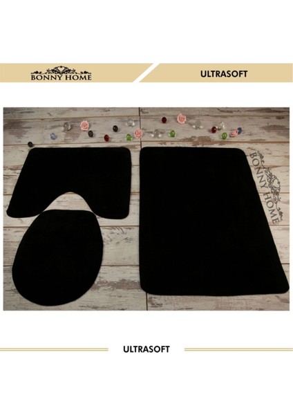 Ultrasoft Deri Tabanlı Siyah Damask Desenli 3'lü Banyo ve Klozet Paspas Seti 60x90-50x60-40x45 cm