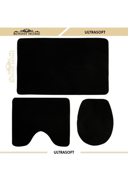 Ultrasoft Deri Tabanlı Siyah Damask Desenli 3'lü Banyo ve Klozet Paspas Seti 60x90-50x60-40x45 cm
