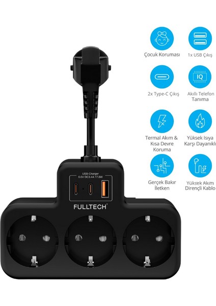 Akım Korumalı Priz, Duvar Priz Çoğaltıcı, 3x Priz Soketi, 2x Type-C Girişi, 1x USB Girişi, Çocuk Korumalı ve Isıya Dayanıklı Yapı, Aşırı Gerilim Koruyucu, 16A/3680W (Kablosuz) fiyatları