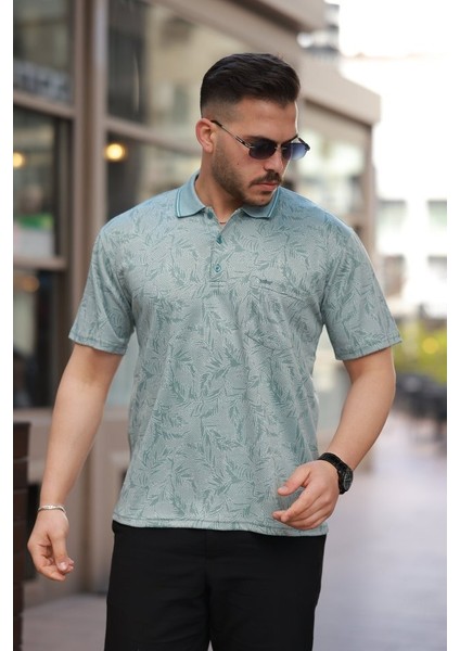 Erkek Yakalı Jakar Baskılı Kısa Kollu T-Shirt