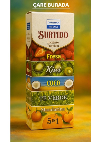 Darshan Incense - Çilek & Kivi & Yeşilçay & Hindistan Cevizi & Mandalina 20'li Çubuk Tütsü