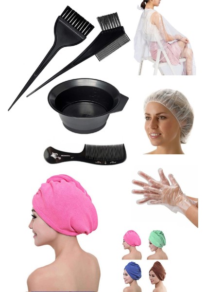 6'lı Set Havlu Bone+boyama Kabı Fırçalar+şeffaf Bone+eldiven+pelerin+tarak Evde Bakım Seti