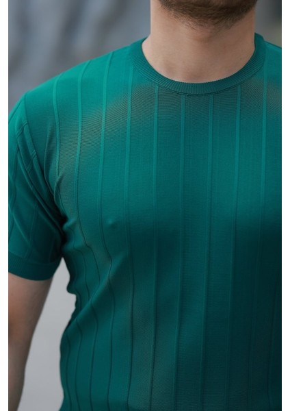 Erkek Kısa Kollu Bisiklet Yaka Çizgili Triko Tişört