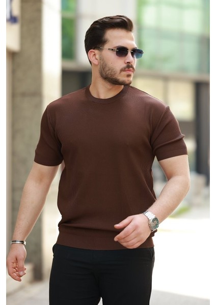 Erkek Bisiklet Yaka Jakarlı Kısa Kollu Tshirt