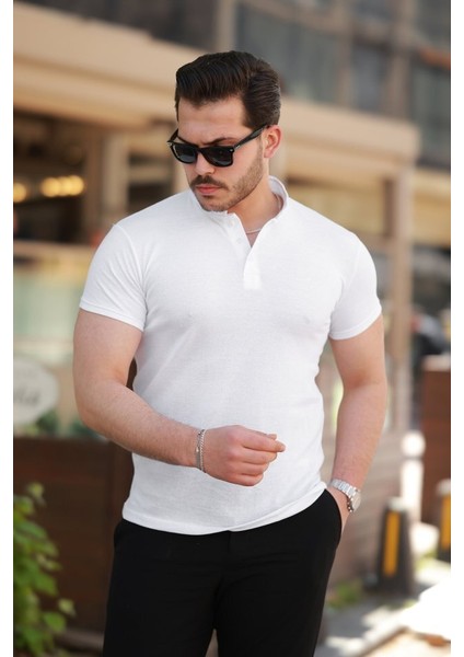 Erkek Hakim Yaka Dokuma Pamuklu Kumaş Kısa Kollu T-Shirt