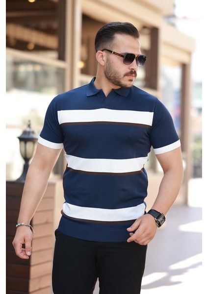 Erkek Şerit Desenli Hemşire Yaka Kısa Kollu Tişört fırsatları