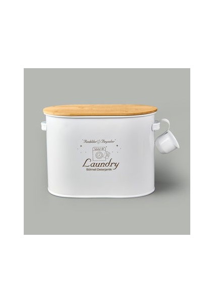 Bath 2 Bölmeli Ahşap Kapaklı Metal Deterjan Kutusu - Beyaz - 12 Lt