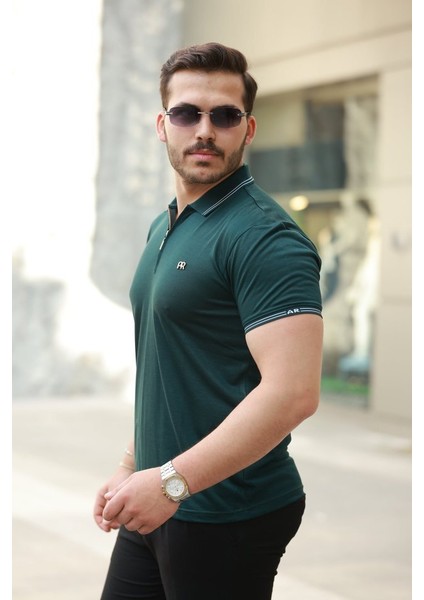 Erkek Yaka ve Kolları Çizgi Detaylı Fermuar Yakalı Kısa Kollu Tişört fiyatları