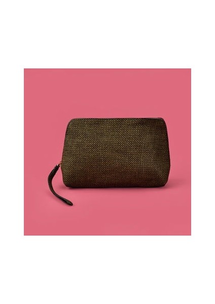Hasır Görünümlü Pvc Kozmetik Çantası - Haki - 16X23 cm
