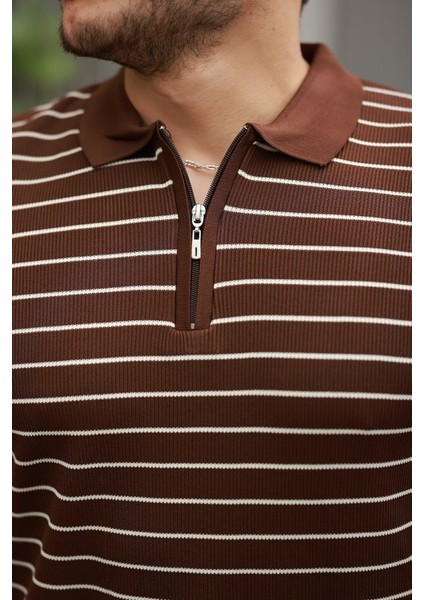 Erkek Fermuar Yakalı Çizgili Kısa Kollu T-Shirt modelleri
